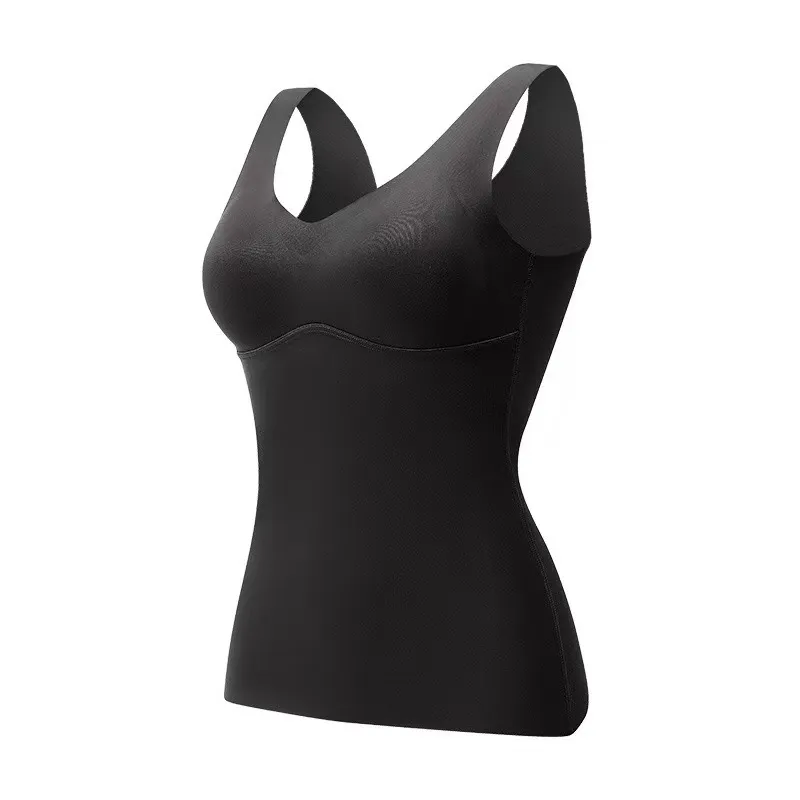 Seamless Thermal Vest Women's Self-heating Underwear With Chest Pad - Black