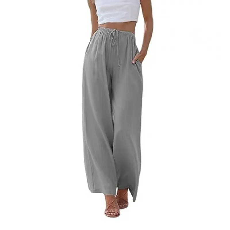 Loose Casual Pocket Drawstring Wide-leg Pants For Women - Grey