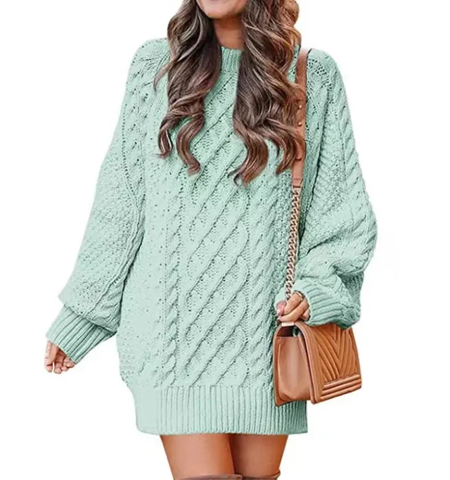 Women's Round Neck Long Sleeve Twisted Knitted Mid length Dress Sweater Light Green - Shop at LoveMi