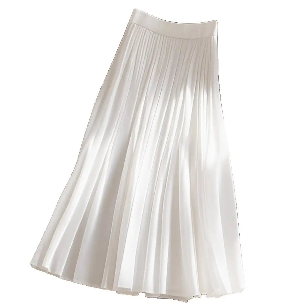Womens High-Waisted White Pleated Fashionable Versatile Slimming Skirt