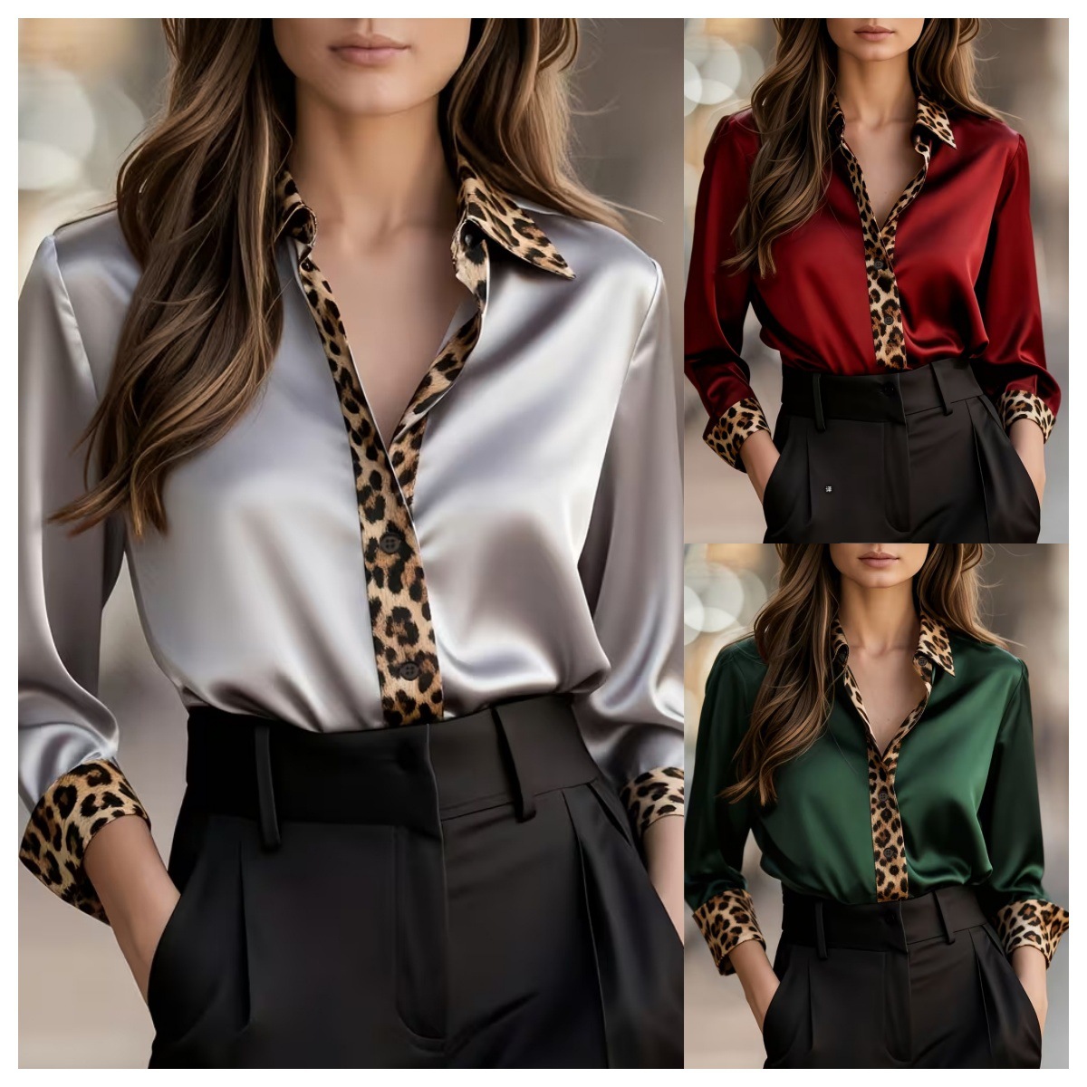 Womens Long-Sleeve Leopard-Print Crew-Neck Spliced Satin Shirt - Image 6