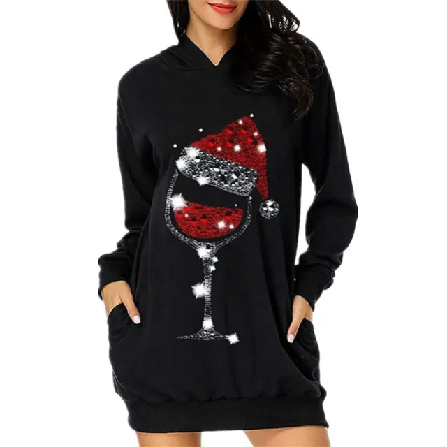 Women's Printed Mid length Pocket Hooded Long Sleeve Sweater Wine Glass Black - Shop at LoveMi