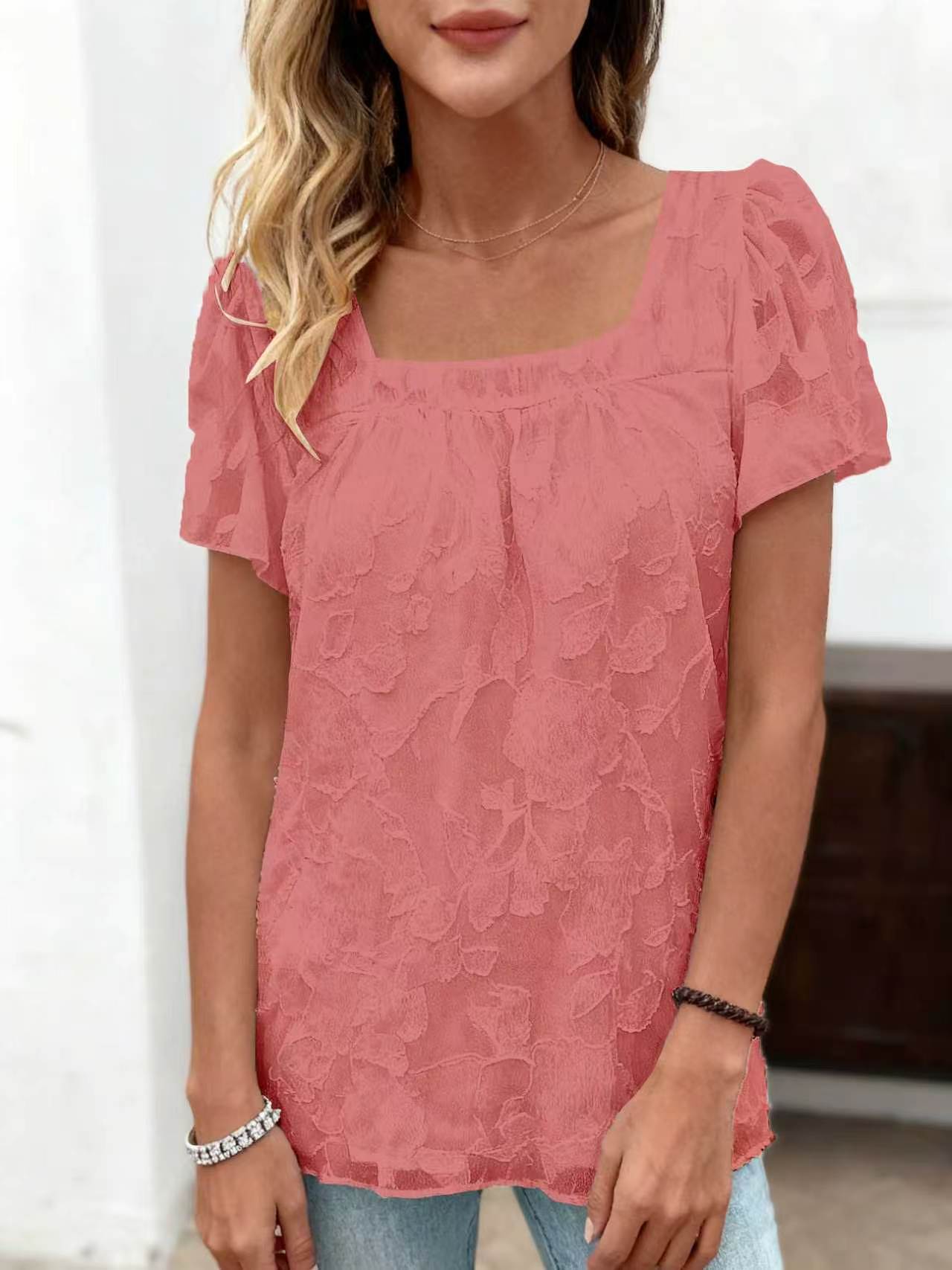 Top With A Square Neckline Loose-fit Chiffon Blouse Double-layered Shirt