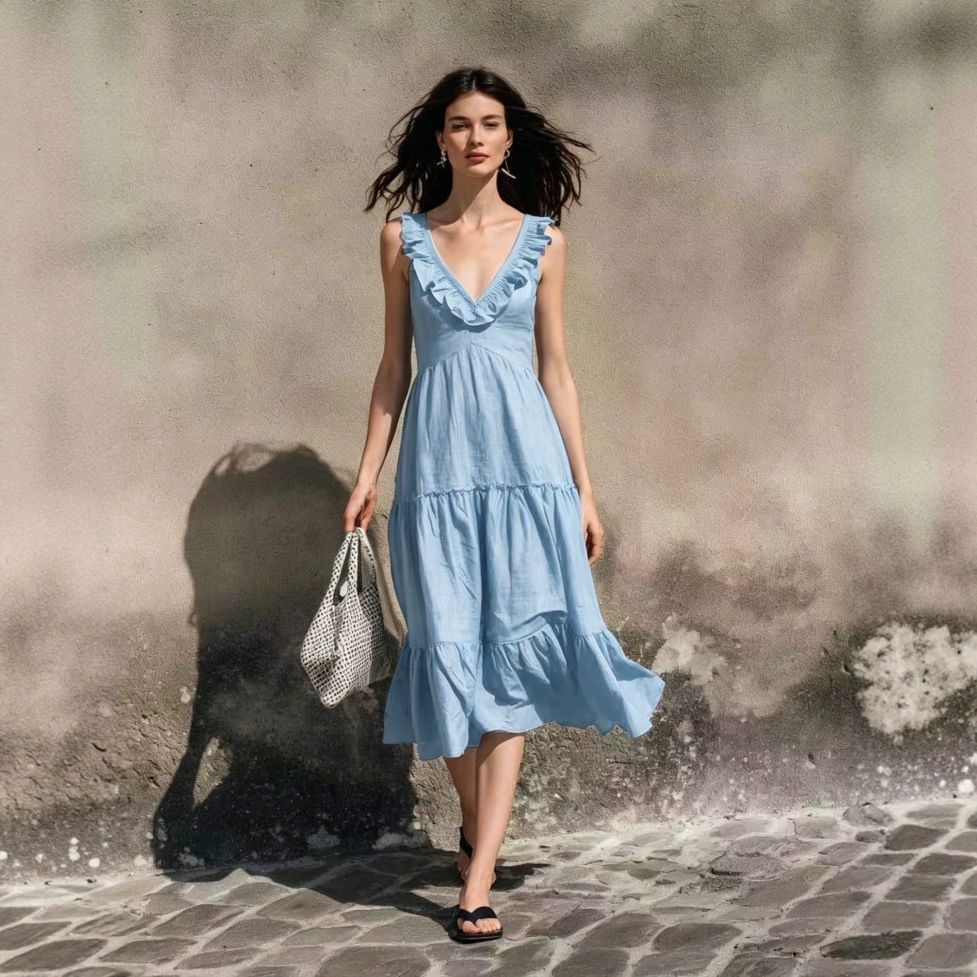V-neck Ruffled High-waisted Figure-flattering Midi Dress
