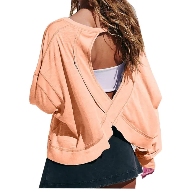 Women's Loose Long sleeved Backless Top Hollow out Short Round Neck T shirt Orange Red - Shop at LoveMi