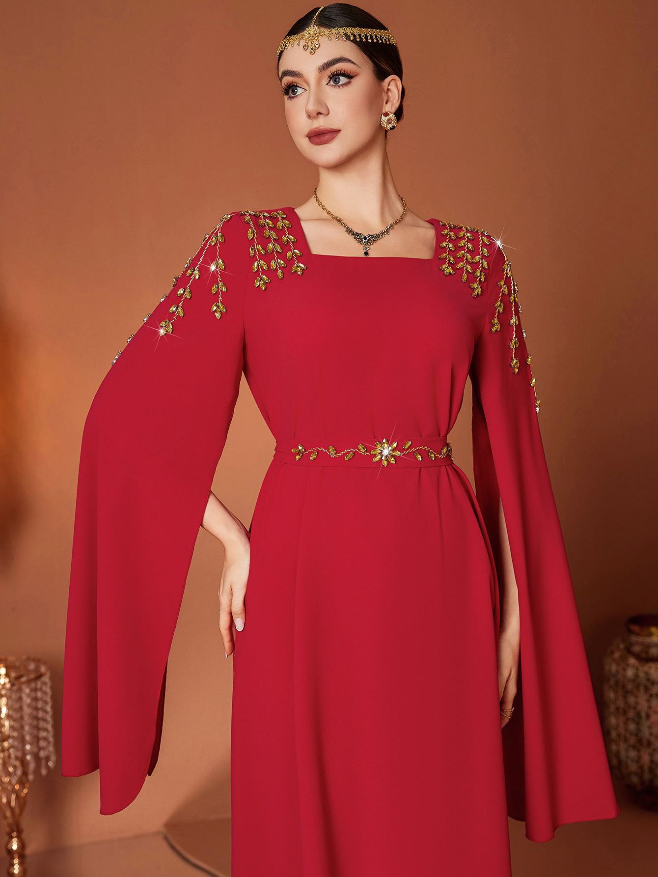 Middle East Sewed Diamond Beaded Cape Sleeve Evening Dress Dress Red - Shop at LoveMi