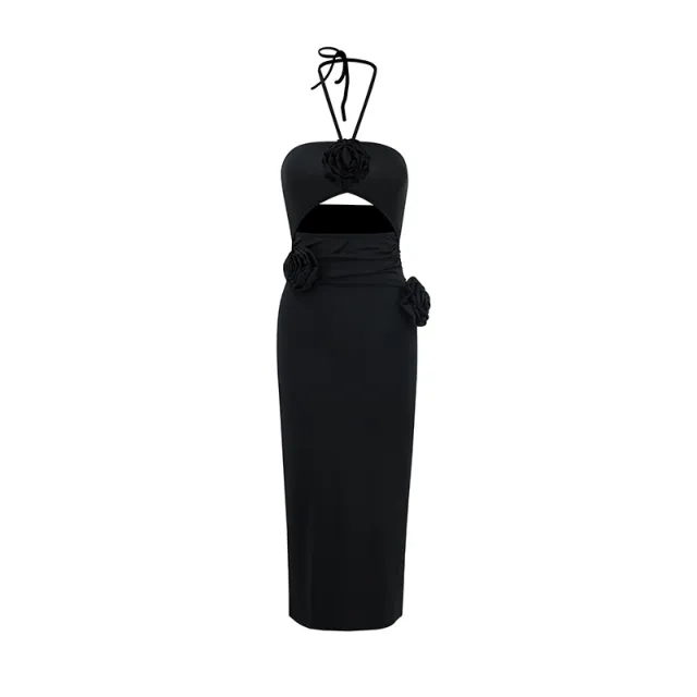 Halterneck 3D Floral Backless Cutout Dress Black - Shop at LoveMi