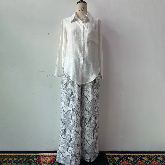 Summer New Cardigan Shirt High Waist Loose Trousers Two piece Suit Beige - Shop at LoveMi