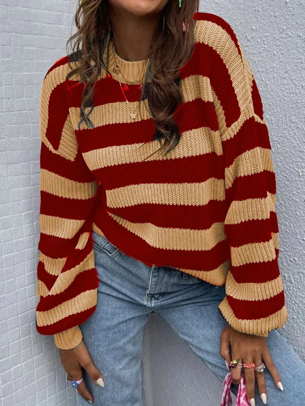 Autumn And Winter New Contrast Color Loose Shoulder Striped Pullover Sweater Yellow - Shop at LoveMi