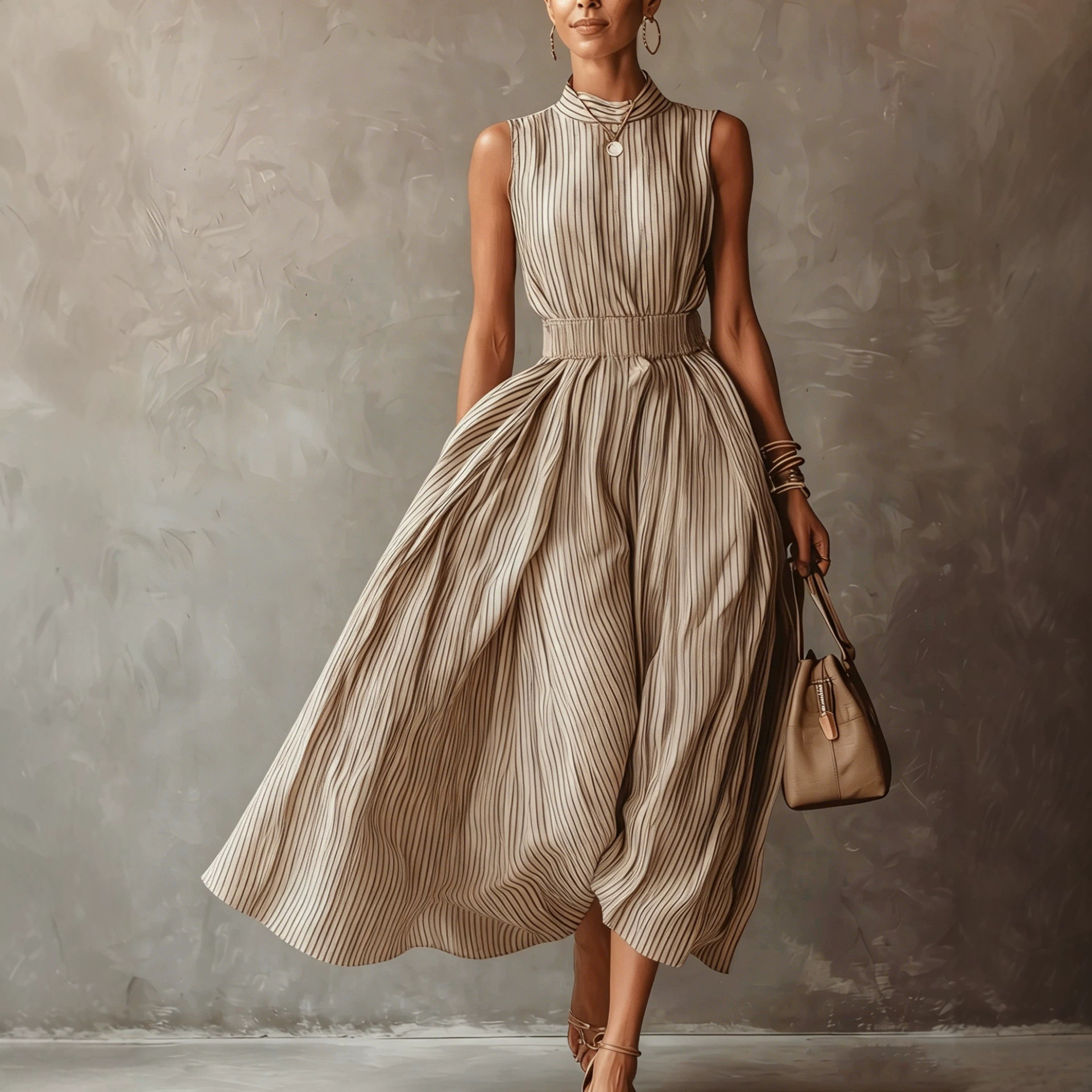 Sleeveless Waist-cinched Striped Womens Dress