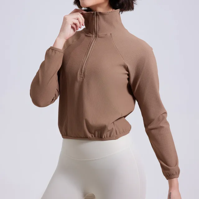 Half Zipped Sports Coat Women's Pocket Loose Khaki - Shop at LoveMi