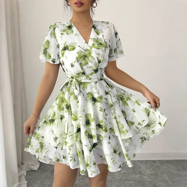 Womens Casual Vacation Printed Short Sleeve Dress Green - Shop at LoveMi