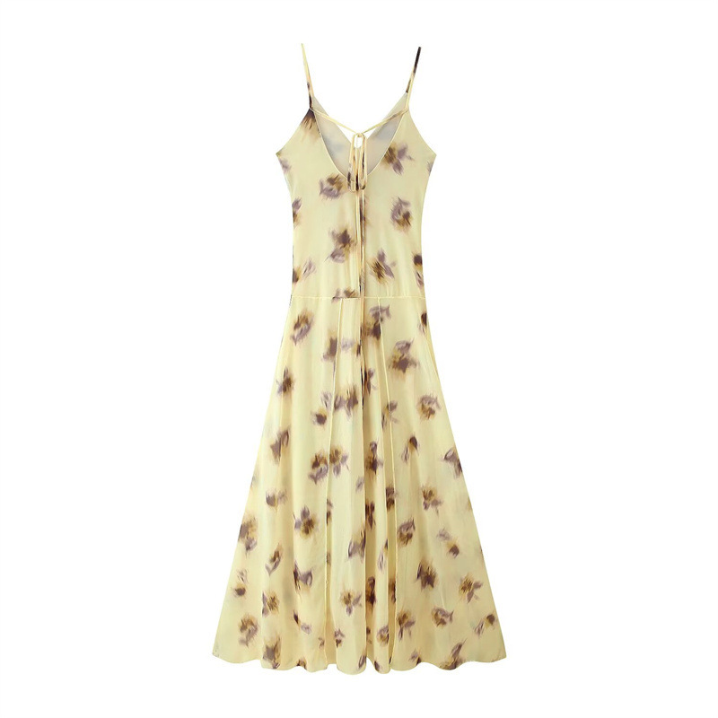 Elegant Waist-tight Temperament Camisole Printed V-neck Sling Dress