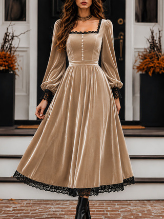 Square-neck Lace-panel Velvet Dress — foto 3