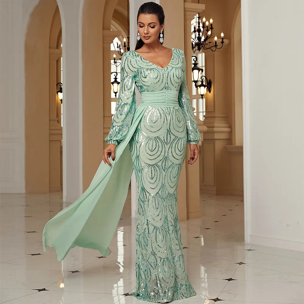 Long Sleeve Sexy Sequined V-neck Banquet Ribbon