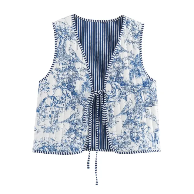 Women's Printed Lace up Cotton Vest Blue - Shop at LoveMi