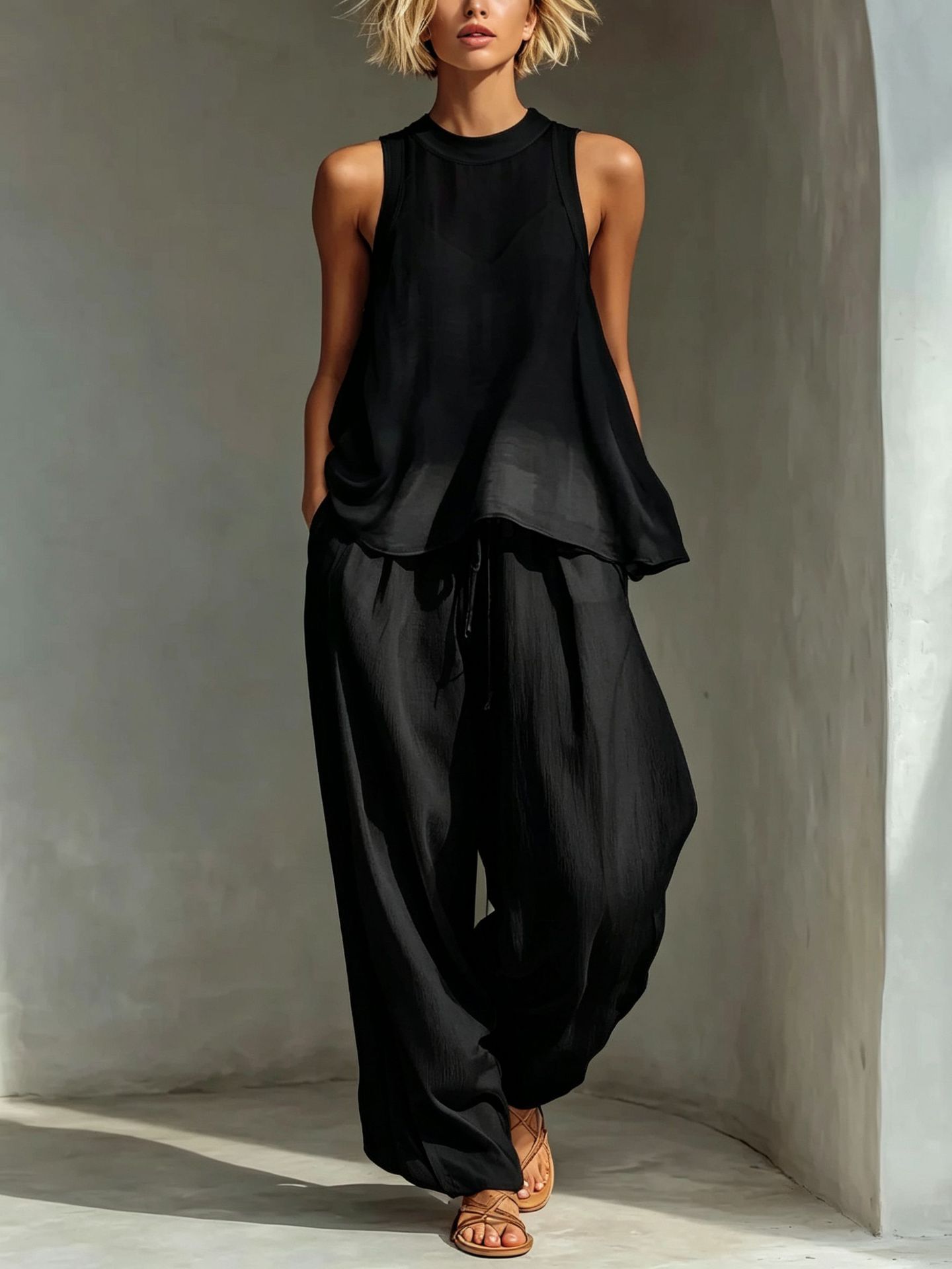Sheer chiffon tank top and wide-leg pants set Navy Blue colorway – women's boho casual two-piece summer outfit