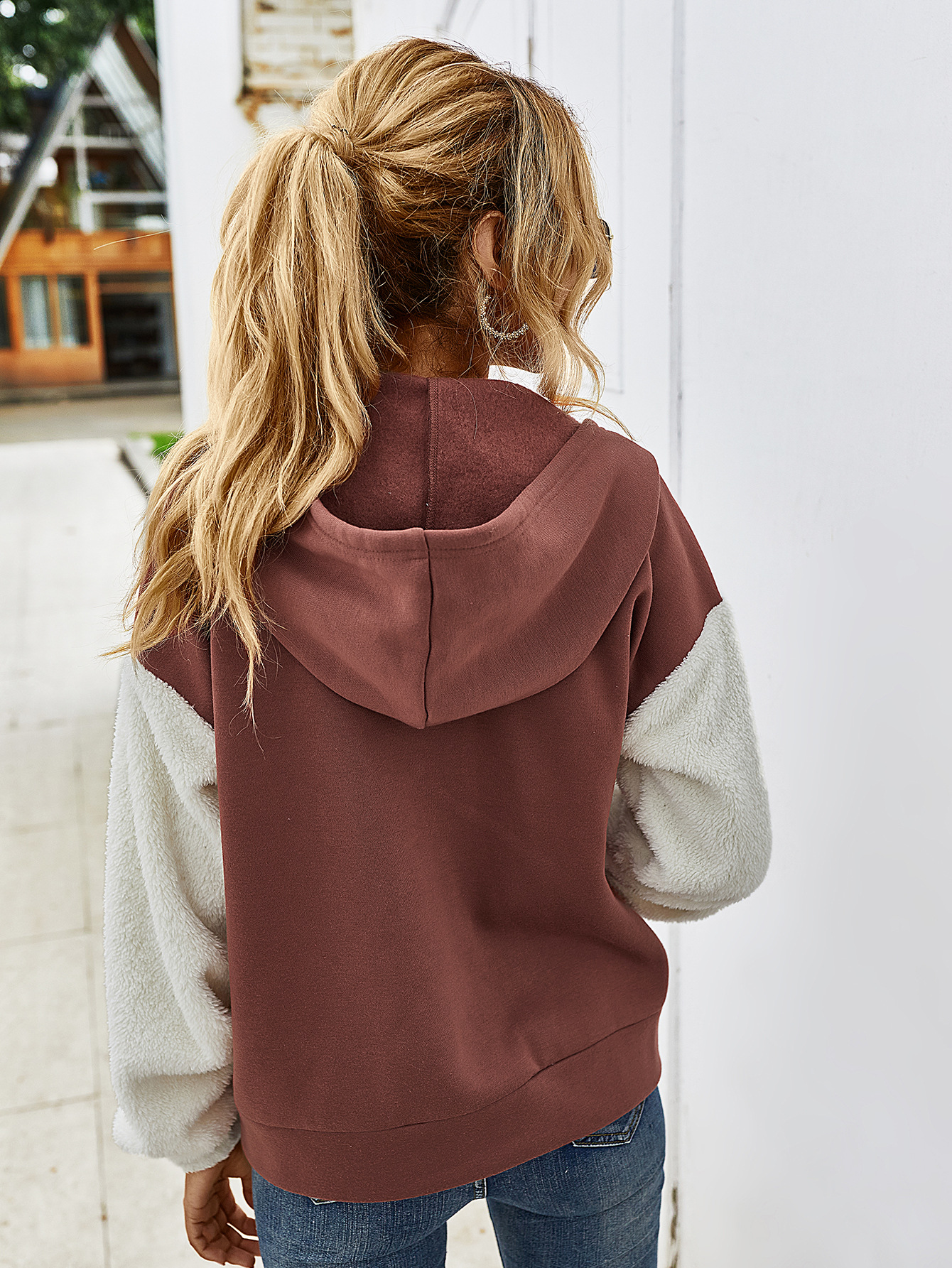 Title 19, Contrast patchwork hooded long-sleeved casual j...