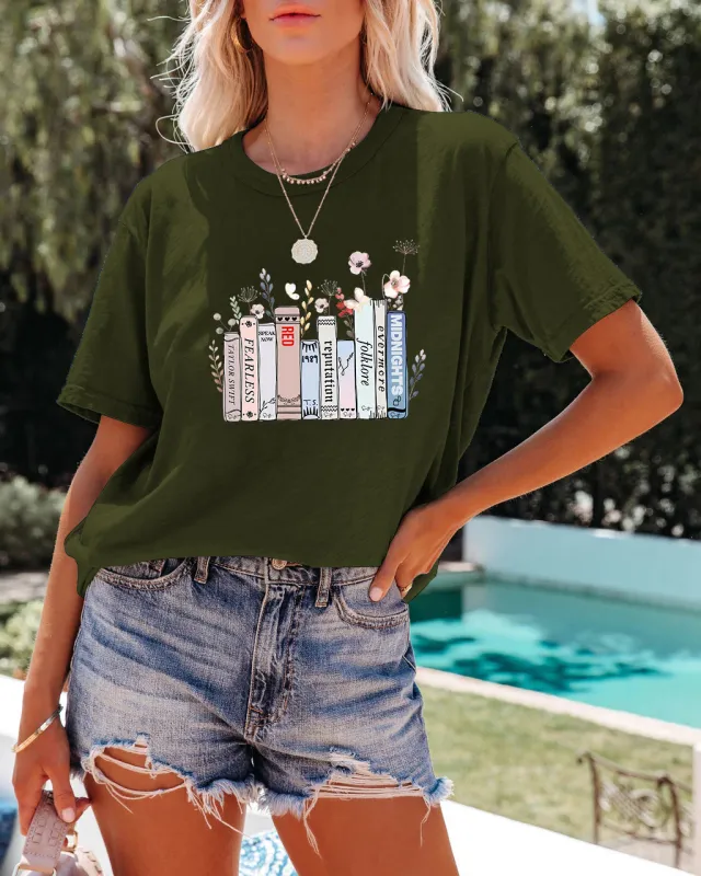 Summer New Book Flower T shirt Cute Fashion Round Neck Pullover Army Green - Shop at LoveMi
