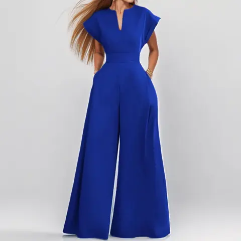 Women's Elegant Solid Color and V-neck Sleeveless Waist Wide-leg