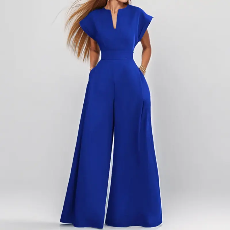 Women's Elegant Solid Color and V-neck Sleeveless Waist Wide-leg