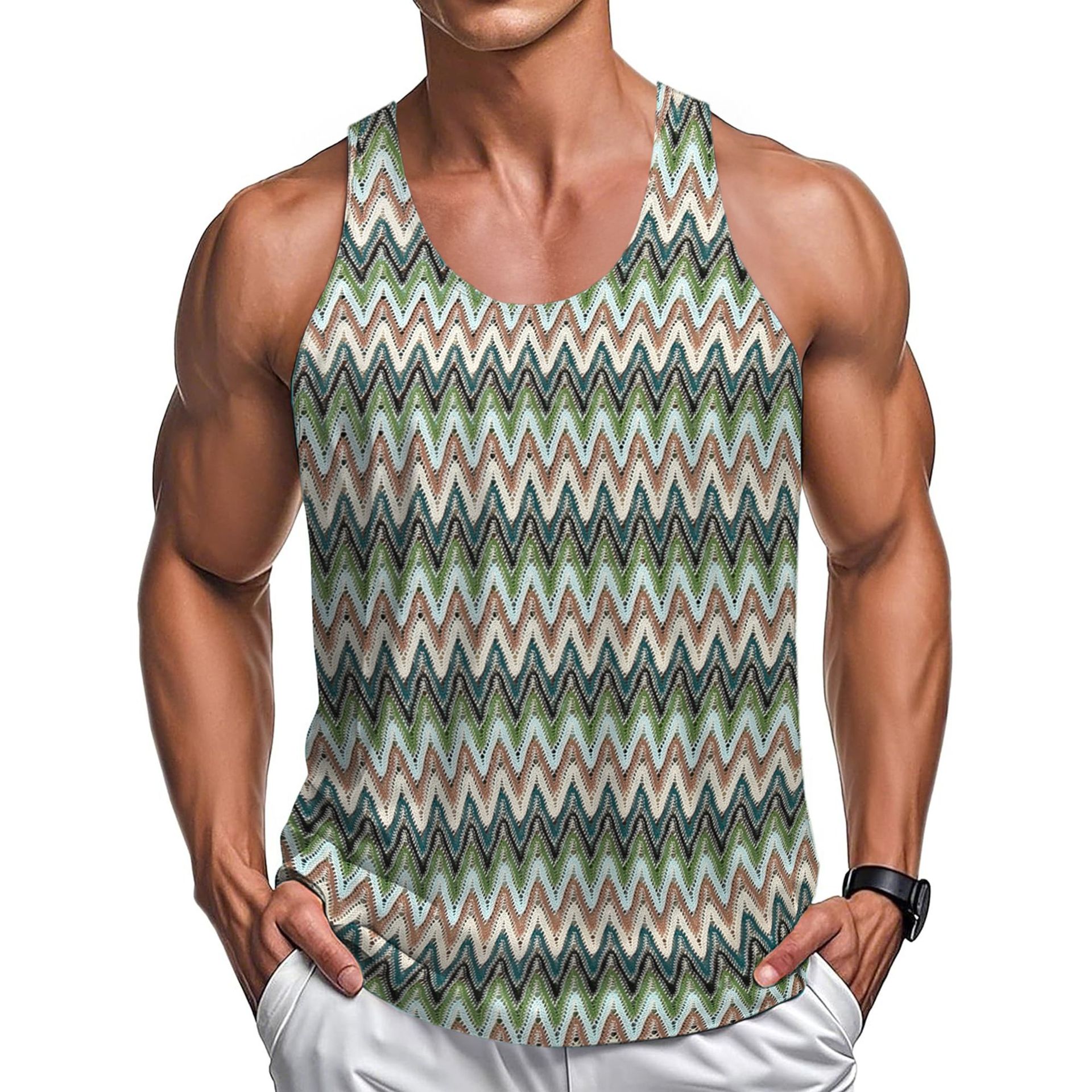 Summer Casual Men's Clothing Retro Style Contrast Color Wave Color Stripes Fabric Vest