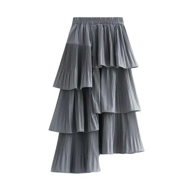 Asymmetric Pleated Cake Ruffled Irregular Skirt Gray - Shop at LoveMi