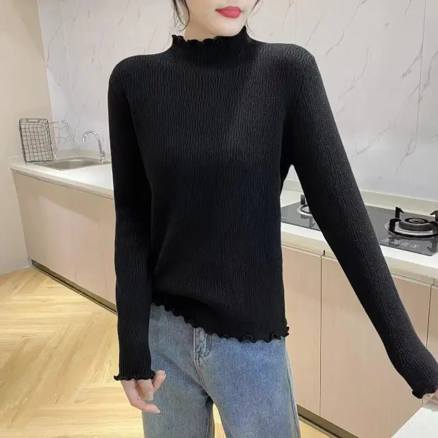 Single layer Fleece lined Fleece lined Thickened Pattern Stringy Selvedge Undershirt Black - Shop at LoveMi