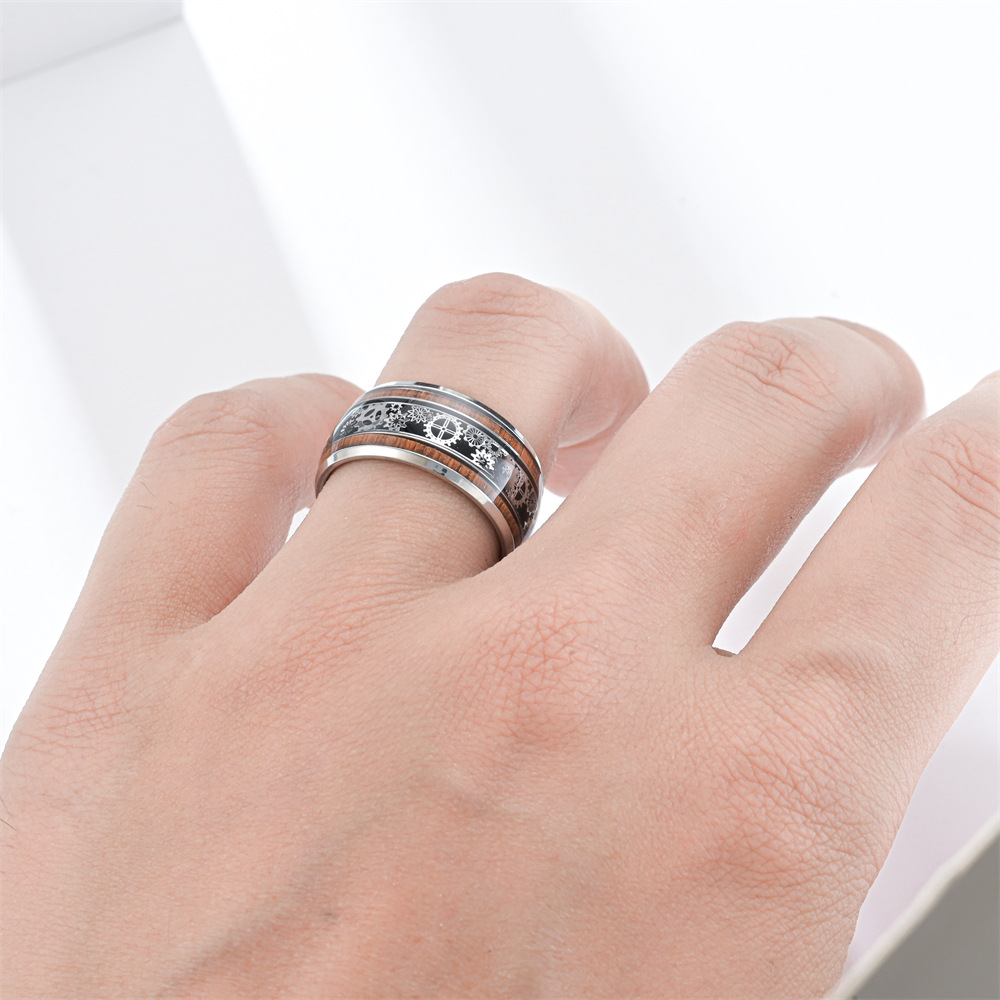 Fashion Special-interest 10MM Three-line Wood Grain Ring
