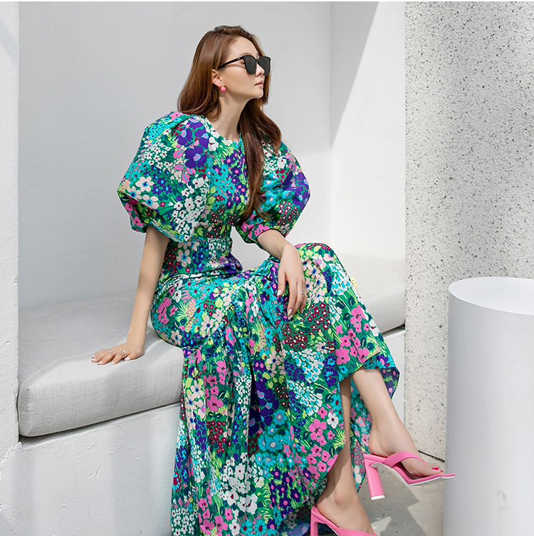 Women's Summer Bubble Sleeve French Floral Dress
