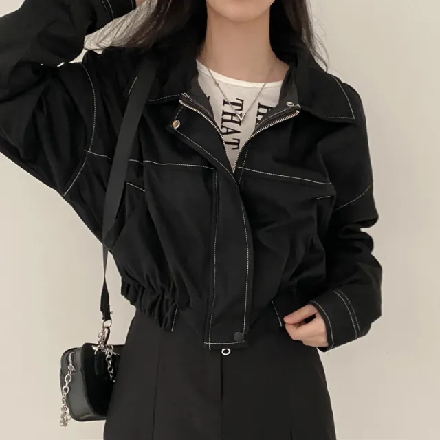 Spring Retro Casual Polo Collar Bright Line Drawstring Coat Black - Shop at LoveMi