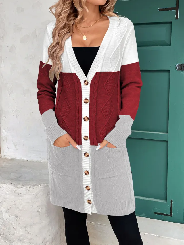 Thread Contrast Color Mid length Simple Style V neck Coat Red - Shop at LoveMi
