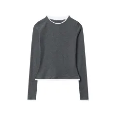 American Fake Two-piece Color-block Crew Neck Long Sleeve - Deep Flower Gray - View 1