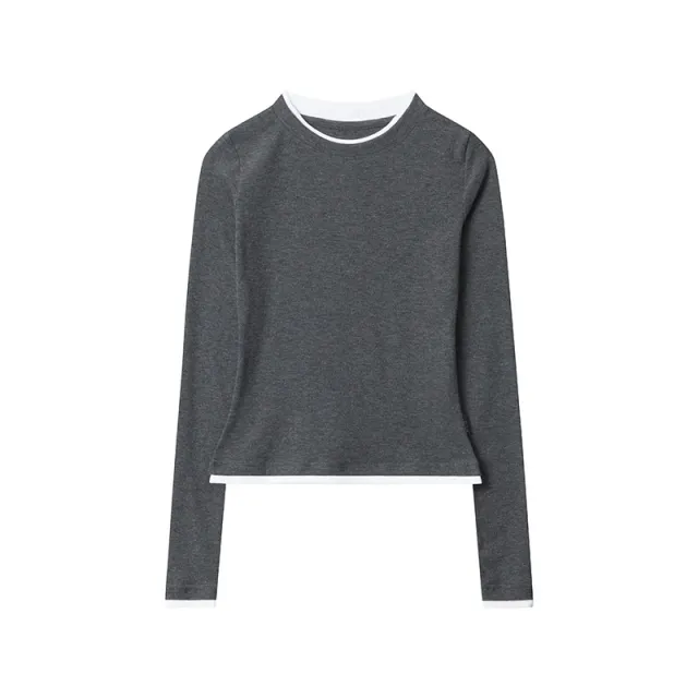 American Fake Two piece Color block Crew Neck Long Sleeve Deep Flower Gray - Shop at LoveMi