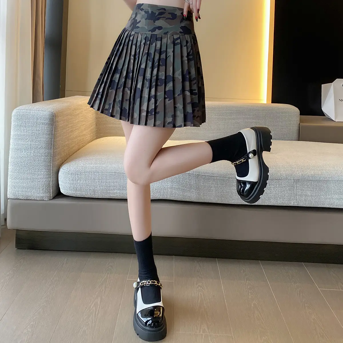 Camouflage All-Match Mid-Rise Pleated A-Line Skirt