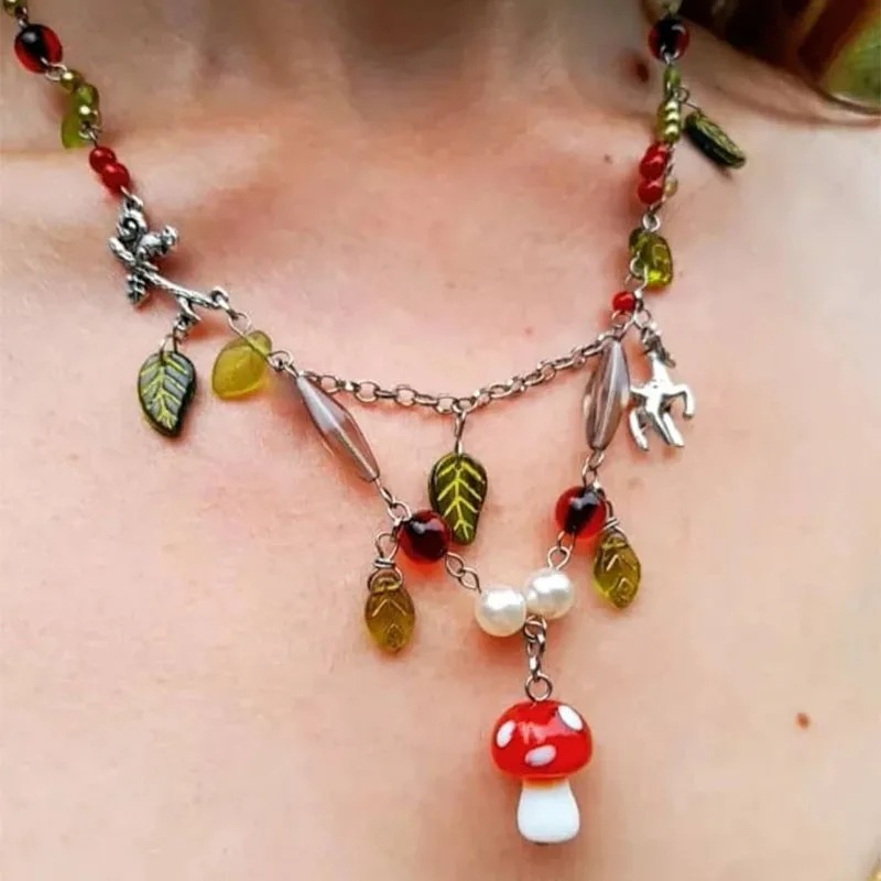 Vacation Style Sweet Irregular Gravel Colored Glaze Mushroom Retro Collarbone Necklace