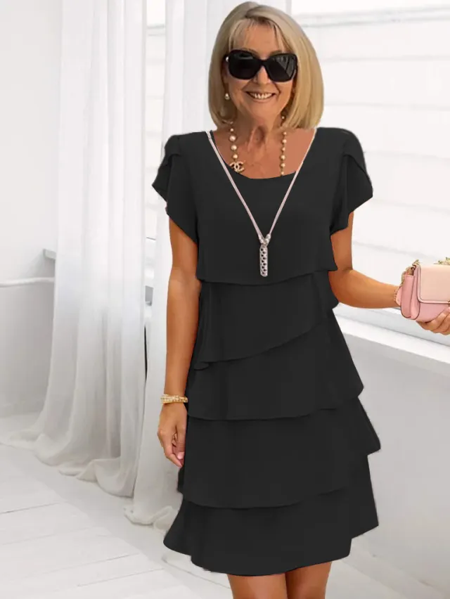 Short Sleeve Cake Dress Solid Color Round Neck Dress Black - Shop at LoveMi
