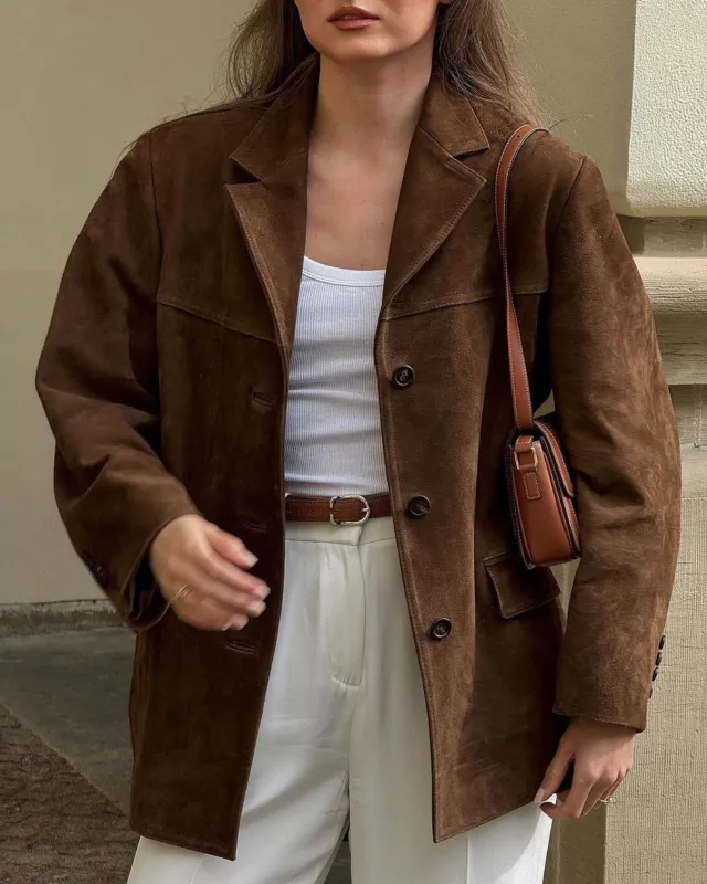 Ladies Faux Suede Suit Jacket Casual Coat Brown - Shop at LoveMi
