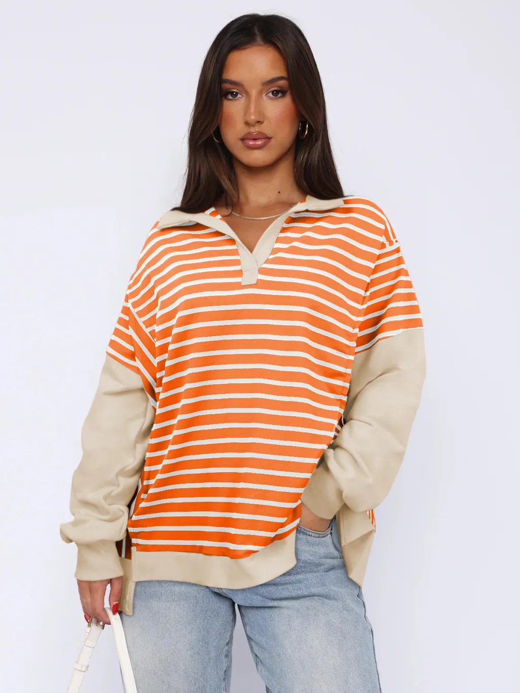 Fashion Loose Contrast Colour Striped Sweater Split Women - 022 Orange White Stripes