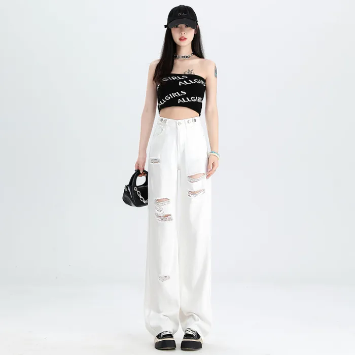 New Slimming High Waist Denim Pants All-matching Slim Fit Straight - White Cropped Pants