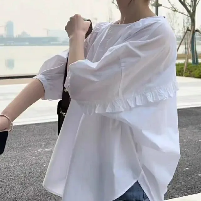 Bubble Sleeve Short Sleeve Shirt Women Beige - Shop at LoveMi