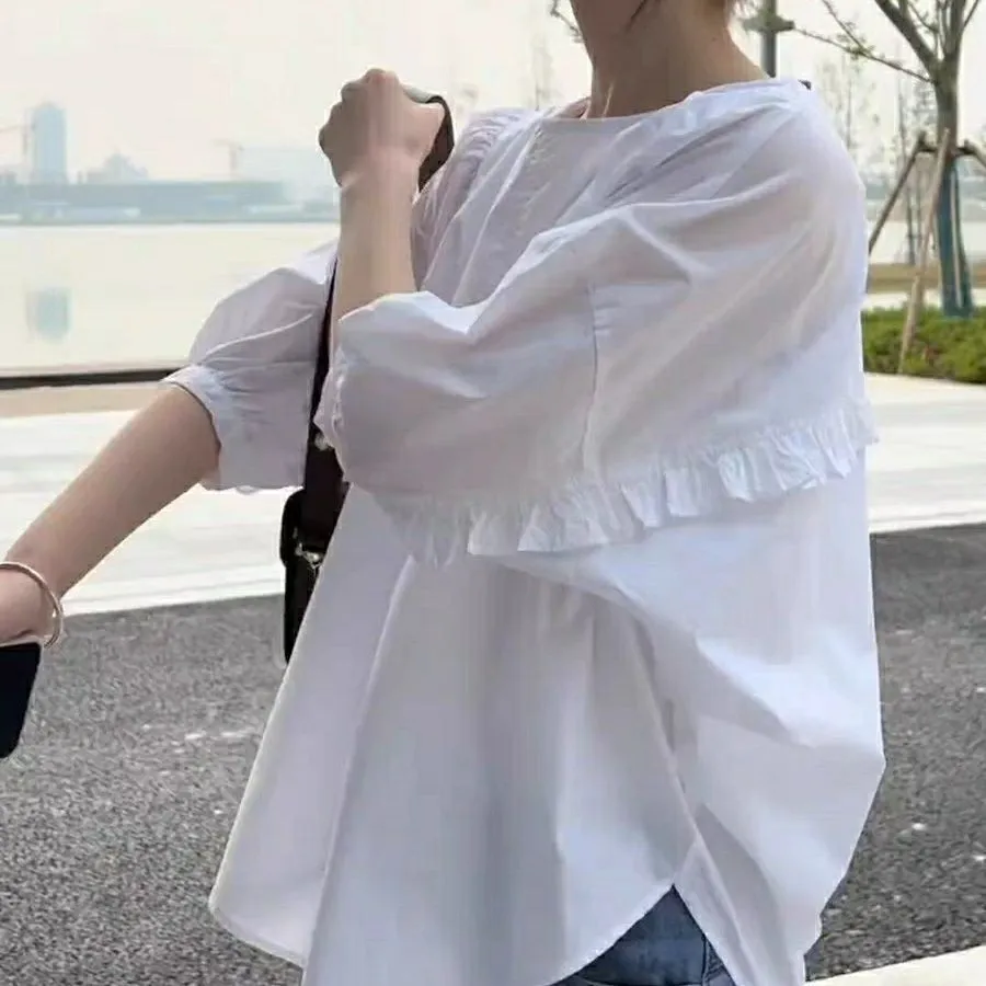 Bubble Sleeve Short Sleeve Shirt Women - Beige