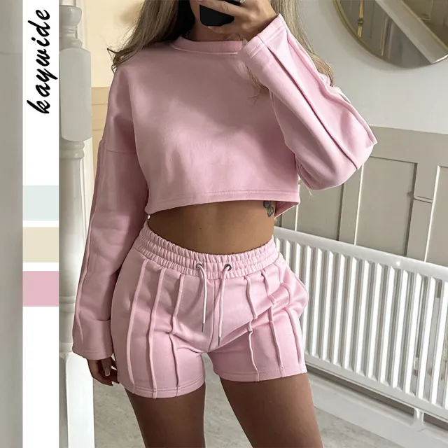 Casual Solid Color Hoodie Shorts Suit For Women Pink - Shop at LoveMi