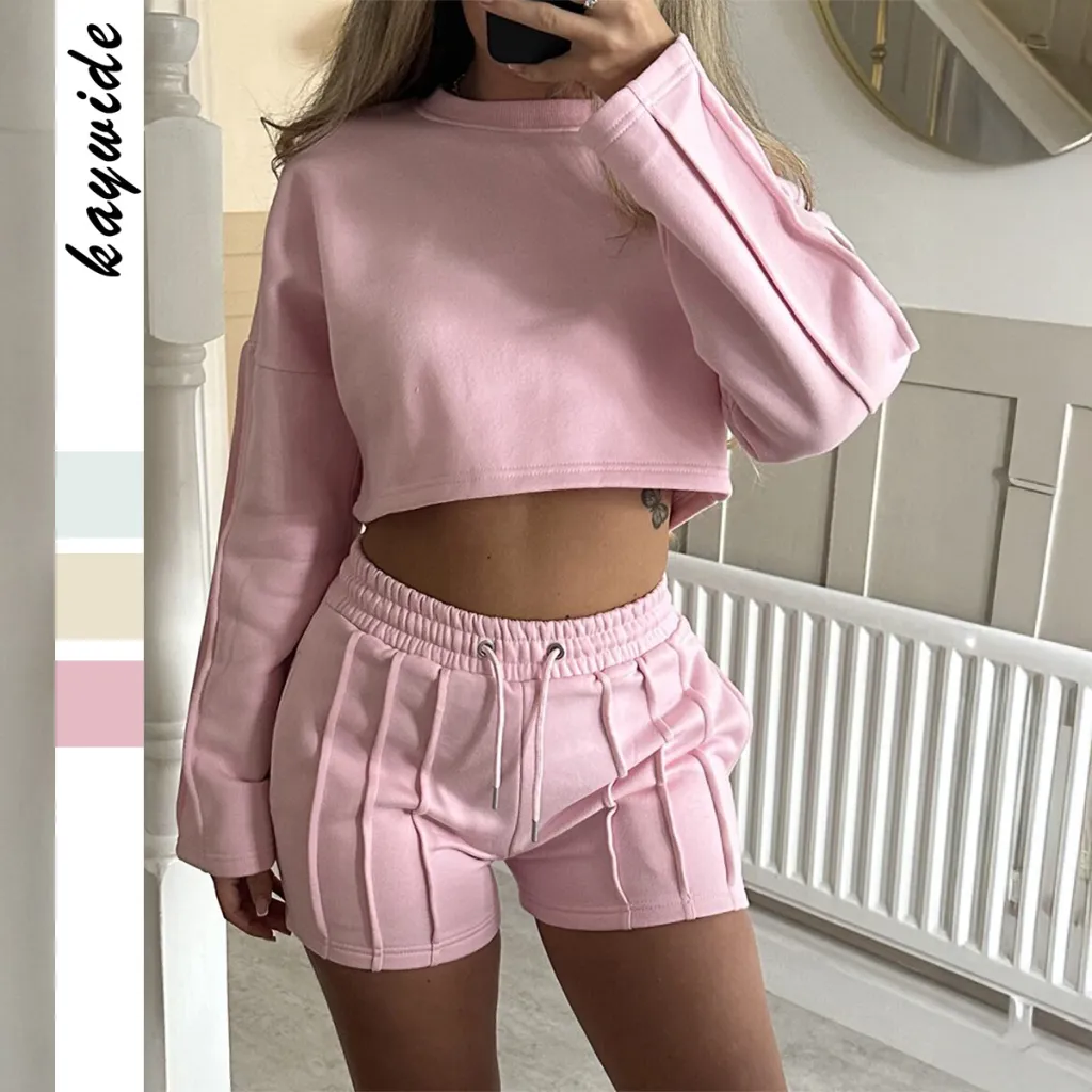 Casual Solid Color Hoodie Shorts Suit For Women - Pink