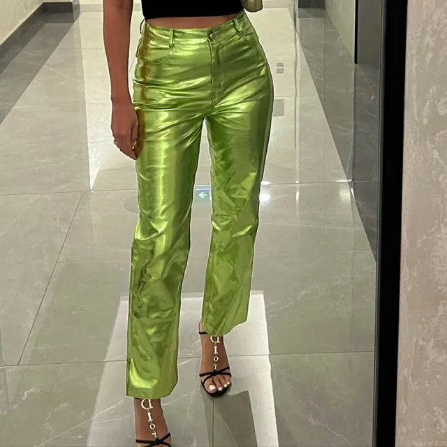 Autumn And Winter New Fashion Bright PU Leather Pocket Loose Zip Women's Casual Pants Green - Shop at LoveMi