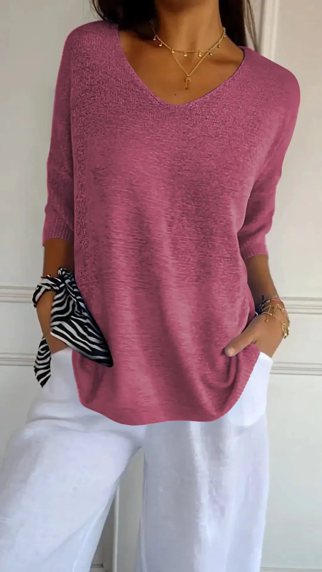 Solid Long Sleeve Sweater Slimming V-neckline Knitwear Women's Bottoming Shirt - 2178 Carmine