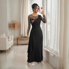 Retro Temperament Crew Neck Mesh Embroidery Stitching Long Sleeve Dress Women - Black - View 1