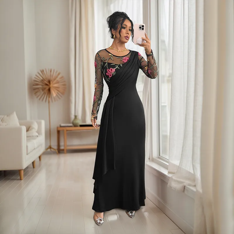 Retro Temperament Crew Neck Mesh Embroidery Stitching Long Sleeve Dress Women - Black