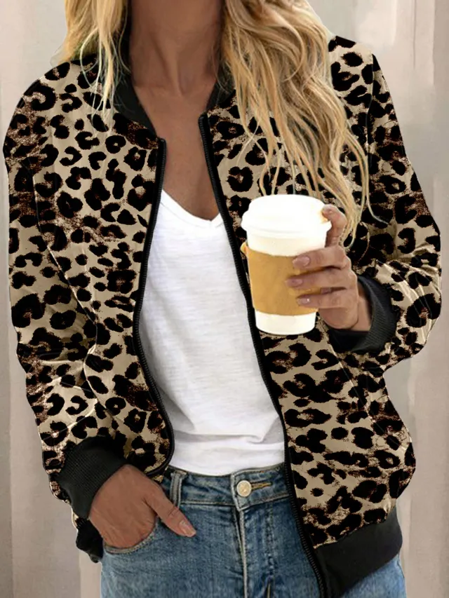 Leopard Print Stand Collar Cardigan Zipper Coat Black - Shop at LoveMi