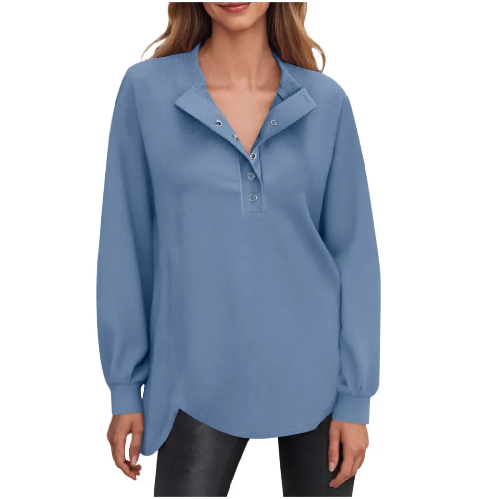 Women's Fashion Casual Solid Color Round Neck Button Long Sleeve Top - Blue